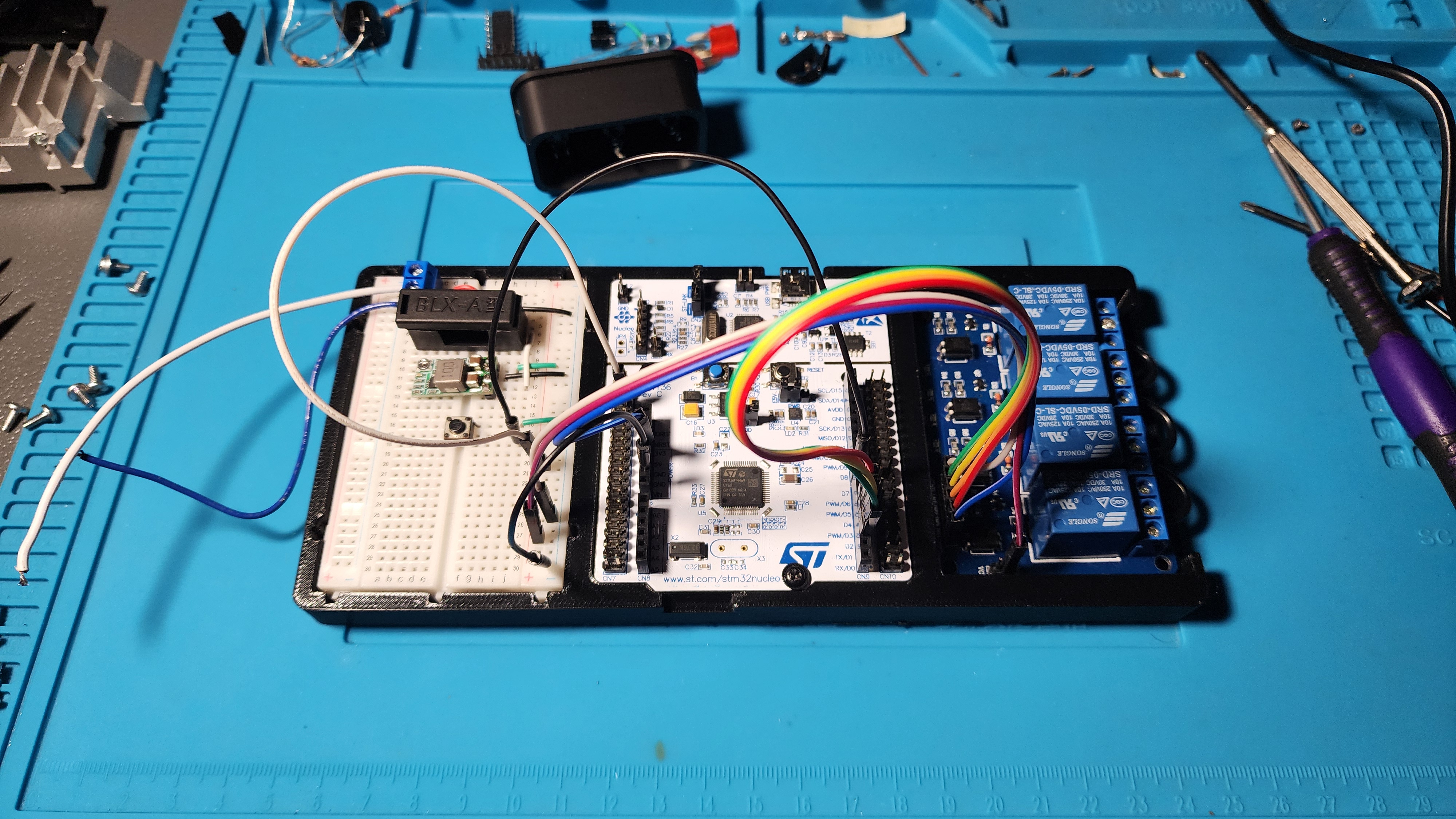STM32 Nucleo and relay module prototype used to test the Miata headlight controller